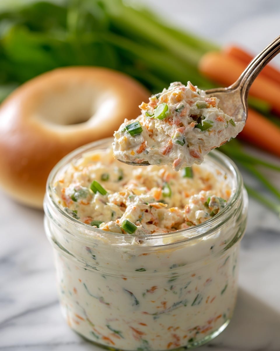 A close-up image shows a spoon holding a scoop of a creamy white spread mixed with small bits of orange and green vegetables, creating a textured, slightly chunky surface. The spoon is lifted above a glass jar filled with the same spread, showing a smooth top layer with similar small vegetable pieces. In the background, there is a white bagel with a hole in the center, partially in soft focus, and bright green leafy vegetables on the white marbled surface beneath all. Photo taken with an iphone --ar 4:5 --v 7