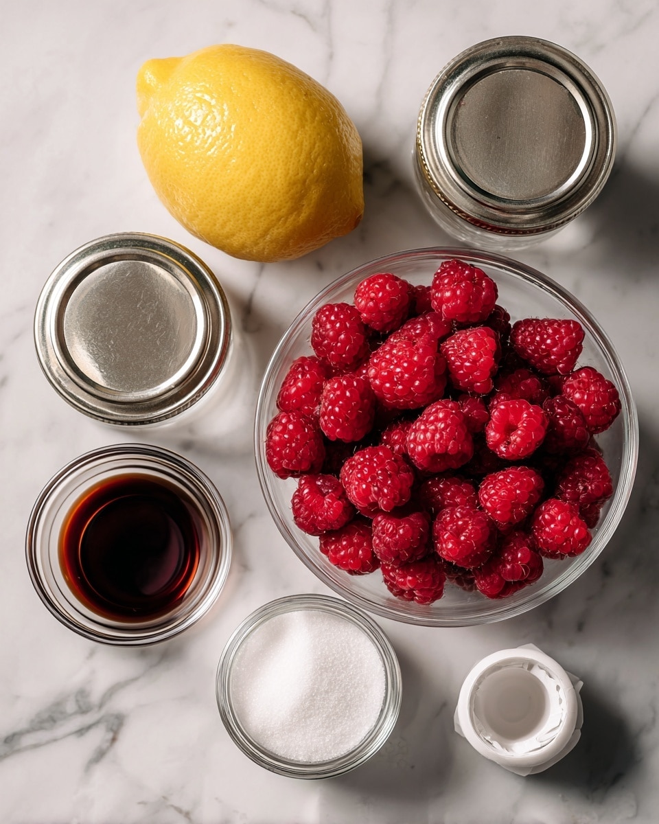 The image shows a white marbled surface with several clear glass jars with silver lids placed around. In the center right, a clear plastic container is filled with bright red raspberries. Near the top left, there is a whole bright yellow lemon. Below the lemon, a clear round bowl holds white sugar. To the bottom left, a small glass container contains dark brown vanilla extract. At the bottom right, a small broken white paper container is visible. photo taken with an iphone --ar 4:5 --v 7