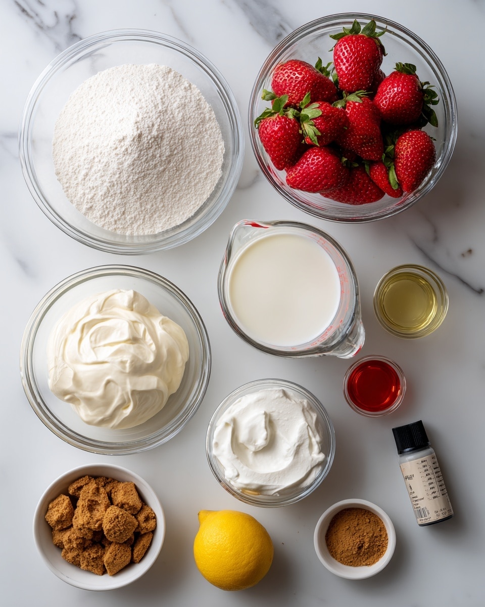 The image shows several clear glass bowls and a measuring cup placed on a white marbled surface. The largest bowl on the right contains fresh red strawberries with green stems. Near it, a medium bowl holds a white powder labeled as glutinous rice flour, and another medium bowl contains white sugar. A smaller bowl has creamy white cream cheese, while another small bowl holds white cornstarch. A clear measuring cup filled with white milk sits in the middle. Nearby, a small glass with clear oil and a small bowl with thick white whipping cream are visible next to half a cut lemon showing its yellow inside. A small glass bowl contains crushed brown Biscoff cookie pieces. In addition, there is a tiny bottle of vanilla essence and a small bowl with red food coloring. Everything is laid out neatly on the white marbled surface. photo taken with an iphone --ar 4:5 --v 7