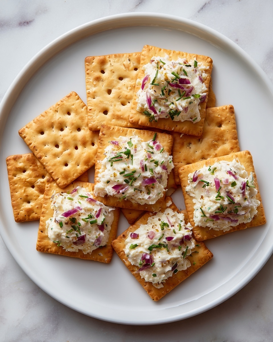 The image shows a white plate on a white marbled surface with six crackers arranged on it. Four of the crackers are light brown square with a smooth texture and small holes, while two are woven square crackers with a golden brown color. Three of the woven crackers are spread with a creamy white cheese mix that has small bits of green herbs and red onions mixed inside. The cheese mix looks soft and slightly chunky on top of the crackers. Photo taken with an iphone --ar 4:5 --v 7