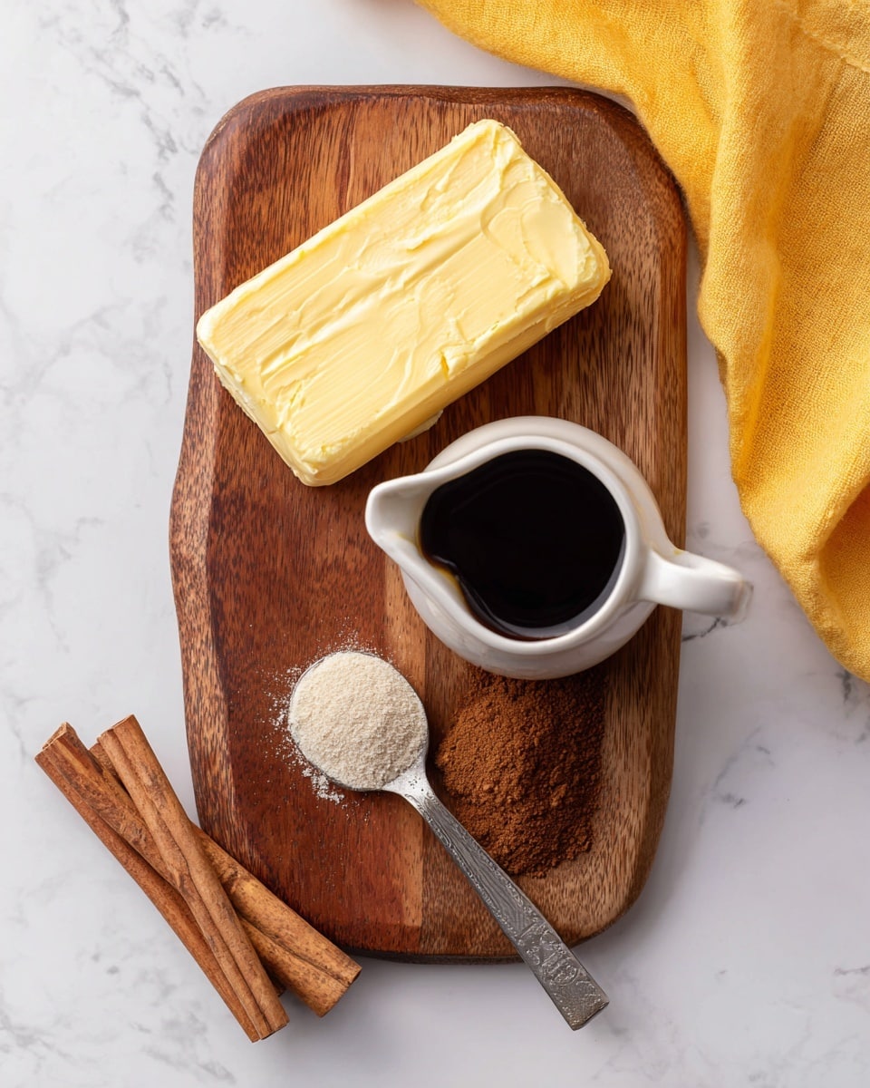 A wooden board sits on a white marbled surface, holding three main ingredients: a rectangular block of yellow salted butter on the left, a small white pitcher filled with dark honey in the middle, and a silver measuring spoon with ground cinnamon powder on the right side of the board. Around the board, there are two cinnamon sticks resting on the white marbled surface near a yellow cloth in the top right corner. The scene is bright and clean, highlighting the textures of the butter, honey, and cinnamon. Photo taken with an iphone --ar 4:5 --v 7