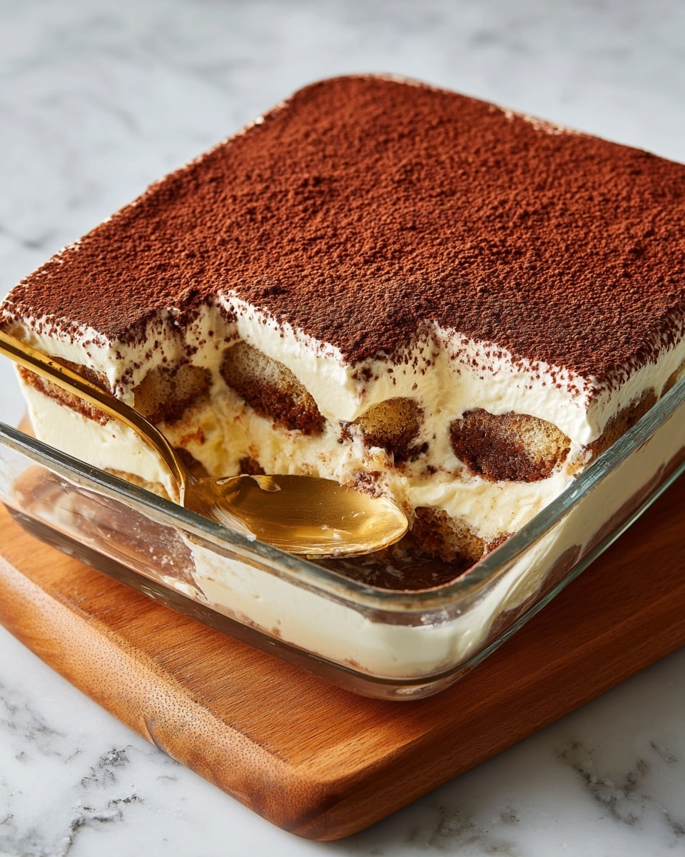 A square clear glass dish shows a layered dessert with a thick dusting of fine dark brown cocoa powder on top. The top layer is smooth and covers creamy off-white filling beneath. Below the creamy layer is a soaked layer of brown cake or biscuit that looks soft and moist. A gold spoon rests in the dish, scooping from the corner to reveal the layered inside clearly. The dish sits on a light brown wooden board with a white marbled background. Photo taken with an iphone --ar 4:5 --v 7