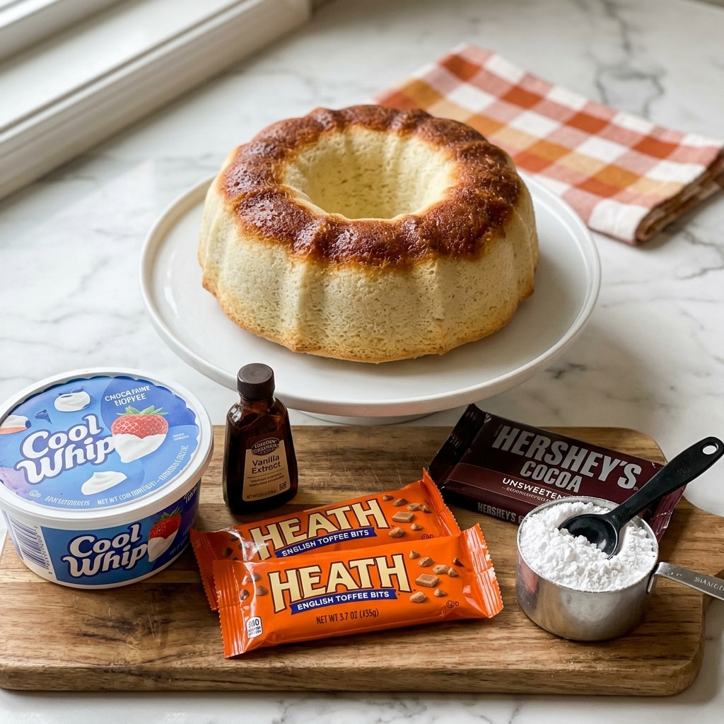 The image shows a white bundt cake with a golden brown top ring, placed on a white plate sitting on a white marbled surface. In front of the cake, there is a wooden board holding several ingredients: a blue and white container of Cool Whip, a small brown bottle of vanilla extract, two orange packages of Heath English Toffee Bits, a dark brown package of Hershey’s unsweetened cocoa, and a metal measuring cup filled with white powdered sugar. A black spoon rests in the powdered sugar. The background includes a checked cloth with orange and white accents. Photo taken with an iphone --ar 4:5 --v 7