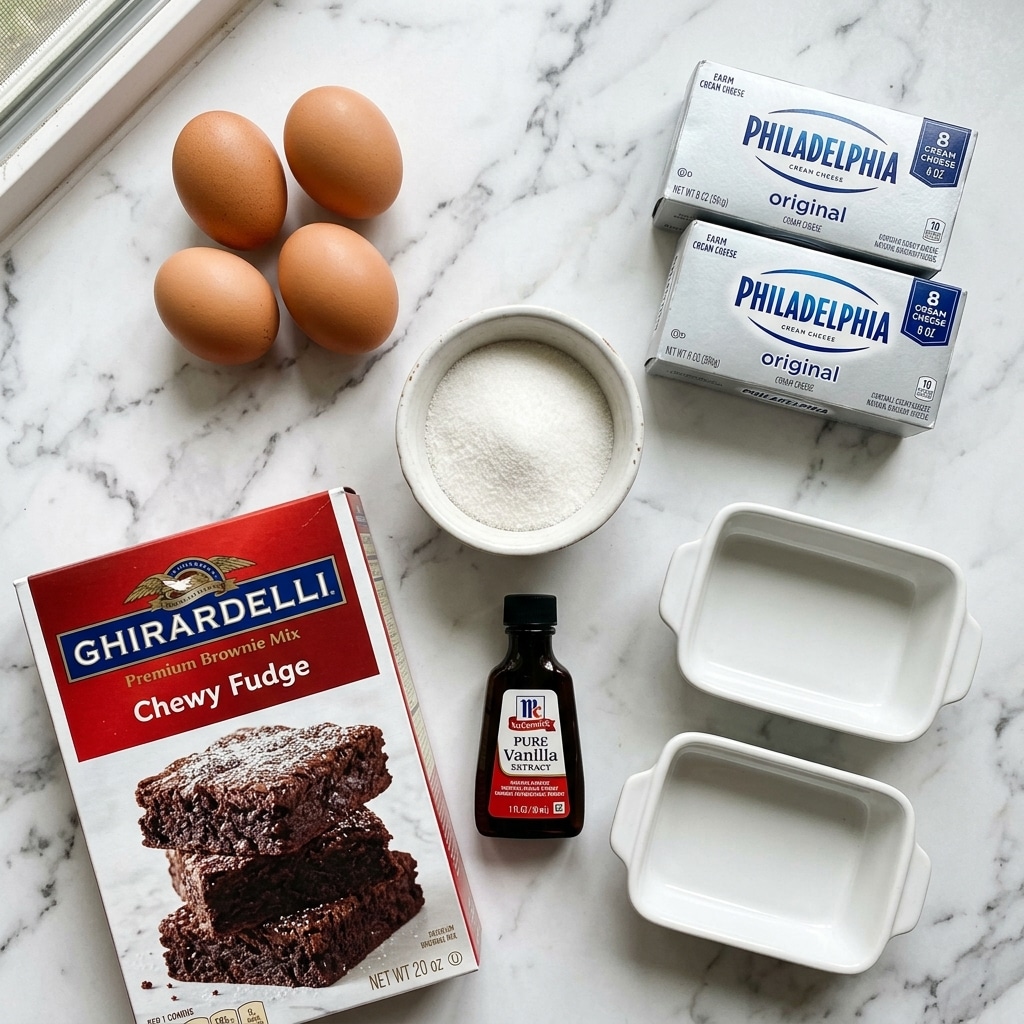 The image shows a flat lay of various baking ingredients placed on a white marbled surface. There are four brown eggs on the left side, two white blocks of cream cheese at the top right, a small white bowl filled with white granulated sugar near the center, a dark brown bottle of vanilla extract with a black cap below the bowl, and two small white rectangular dishes at the bottom right. At the bottom left corner, there is a red box of chewy fudge brownie mix with a picture of three stacked brownies on the front. Photo taken with an iphone --ar 4:5 --v 7