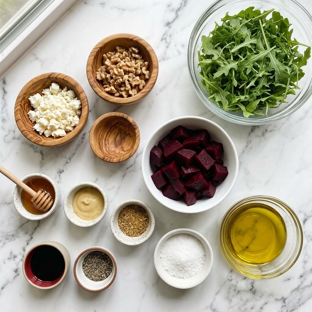 A top-down view of several small bowls with salad ingredients on a white marbled surface: one large clear glass bowl filled with bright green arugula leaves, one white bowl with dark purple chopped beets, one small wooden bowl holding white crumbled cheese, another small wooden bowl with whole walnuts, a large clear glass bowl containing golden olive oil, and several tiny white bowls with light brown sugar, white salt, black pepper, creamy mustard, amber honey, and red vinegar arranged around the bowls photo taken with an iphone --ar 4:5 --v 7