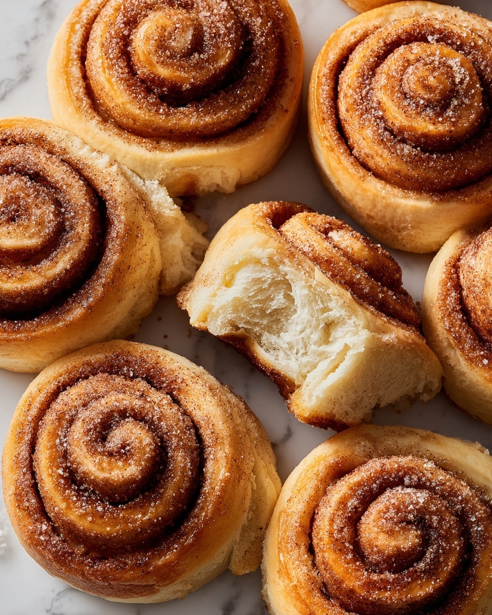 The image shows several cinnamon rolls arranged closely together on a white marbled surface. Each roll has a visible spiral pattern with a golden-brown outer layer and a lighter, soft inner dough twisted with a cinnamon sugar filling, giving a mix of light beige and darker brown colors. The cinnamon sugar dusting appears on the surface, adding a subtle crystal-like texture. One cinnamon roll is broken open in the center, revealing multiple layers of fluffy, soft dough entwined with the cinnamon spice filling inside. The photo is taken with an iphone --ar 4:5 --v 7