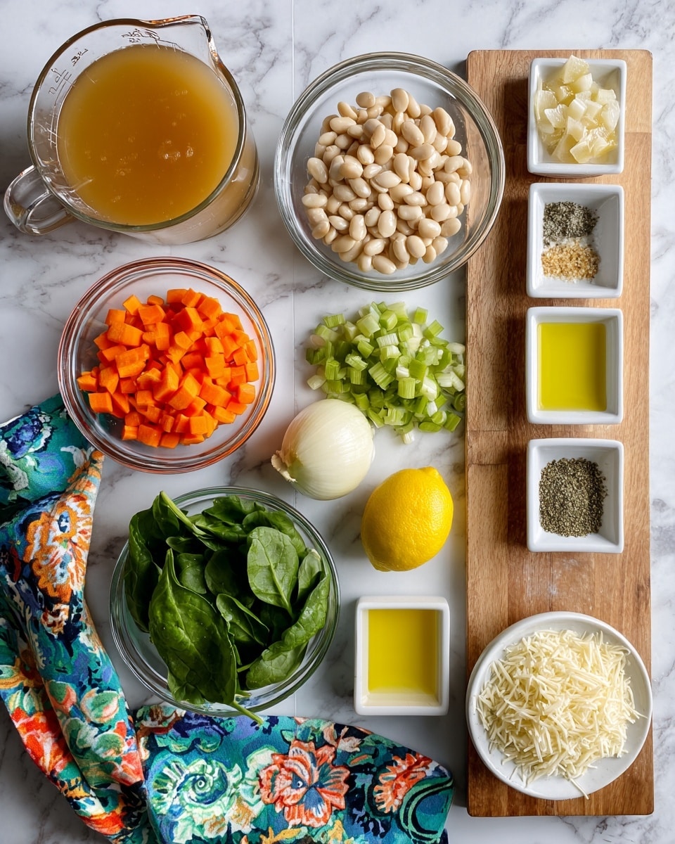 The image shows various ingredients arranged neatly on a white marbled surface and a wooden board. The top left has a clear measuring cup with light brown broth, next to a clear glass bowl filled with white beans. Below them, a small clear bowl contains diced bright orange carrots and another has chopped green celery. In the center, there is a whole yellow lemon and a half white onion next to a white garlic bulb. To the right, there are small white square dishes holding yellow oil, a few pieces of pale rind, and a mix of seasoning with salt, pepper, and herbs. Near the bottom right, a white bowl holds shredded white parmesan cheese. The lower left corner contains a clear glass bowl with fresh green spinach leaves. A colorful floral cloth with blue, green, orange, and brown tones lies under some of these items. photo taken with an iphone --ar 4:5 --v 7
