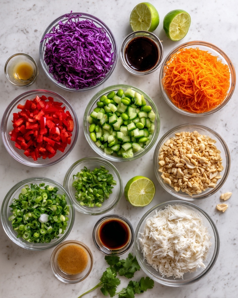 The image shows different small white bowls and clear glass bowls arranged neatly on a white marbled surface. The bowls contain colorful ingredients: bright purple shredded cabbage at the top center, red chopped bell peppers on the left, green cucumber pieces below them, and orange shredded carrots on the right. There is a bowl of chopped peanuts on the top right and shredded white cabbage below it. A bowl of green edamame sits near the bottom center, with a bowl of cooked white rice at the bottom left and shredded white chicken at the bottom right. Fresh green cilantro leaves and sliced green onions are in small clear bowls near the center. Around these are small bowls with light yellow, dark brown soy sauce, orange-red sauce, minced garlic, and creamy light brown peanut butter. Two lime halves are placed near the center bottom. The photo is taken with an iphone --ar 4:5 --v 7