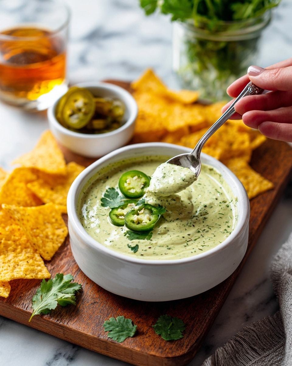 A white bowl filled with creamy green sauce speckled with herbs sits on a wooden board; the sauce is smooth and thick with floating slices of green jalapeno and a couple of cilantro leaves on top. Nearby, a small white bowl holds sliced pickled jalapenos, and behind it, a short glass of amber liquid rests on the wooden board. A woman's hand is holding a silver spoon scooping up the sauce. Scattered around the bowl, there are yellow tortilla chips with a rough, crispy texture. In the background, there is a clear glass jar filled with fresh green cilantro leaves against a white marbled surface. photo taken with an iphone --ar 4:5 --v 7