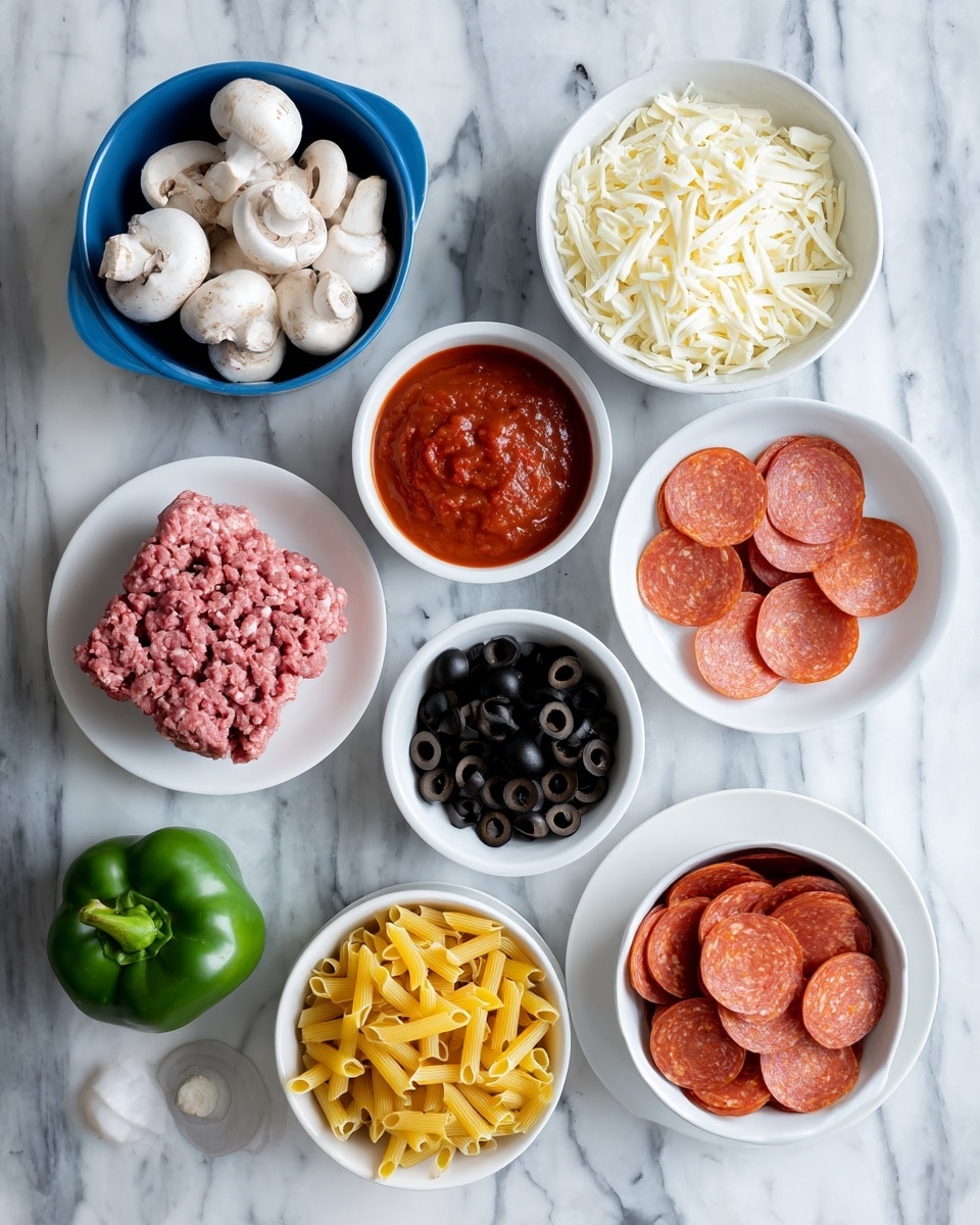 A top view of various ingredients placed on a white marbled surface. There is a blue container of white mushrooms at the top left, a white bowl of shredded mozzarella cheese to its right, and a white bowl of pasta sauce below them. To the right of the sauce, a smaller white bowl holds round slices of pepperoni. Below that, a white plate contains a block of pink ground beef. A whole green pepper and a yellow onion sit to the left of the beef. Scattered around are uncooked yellow pasta pieces. At the bottom center, a white bowl is filled with mini pepperoni, next to it are two more white bowls containing shredded parmesan cheese and sliced black olives. The ingredients are neatly arranged and clearly labeled. Photo taken with an iphone --ar 4:5 --v 7