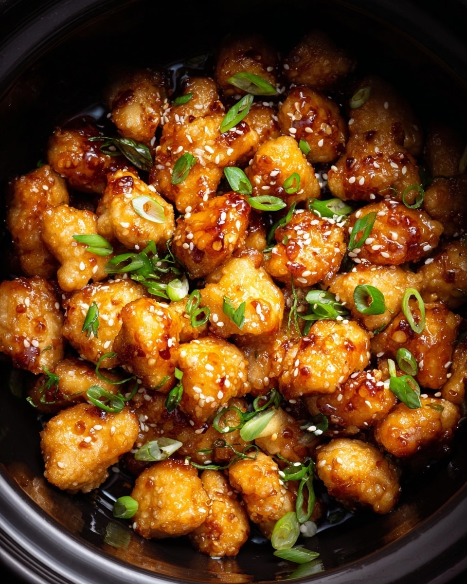 Inside a black pot, there are many small, golden-brown chicken pieces covered in a shiny sauce. The chicken looks crispy on the edges and soft inside. Scattered on top are small white sesame seeds and thin slices of green onions, adding bright green and white colors to the dish. The pot's black inside contrasts with the warm colors of the chicken and garnishes. The chicken pieces are mixed closely together, filling the pot evenly, with a sticky sauce coating them all. Photo taken with an iphone --ar 4:5 --v 7