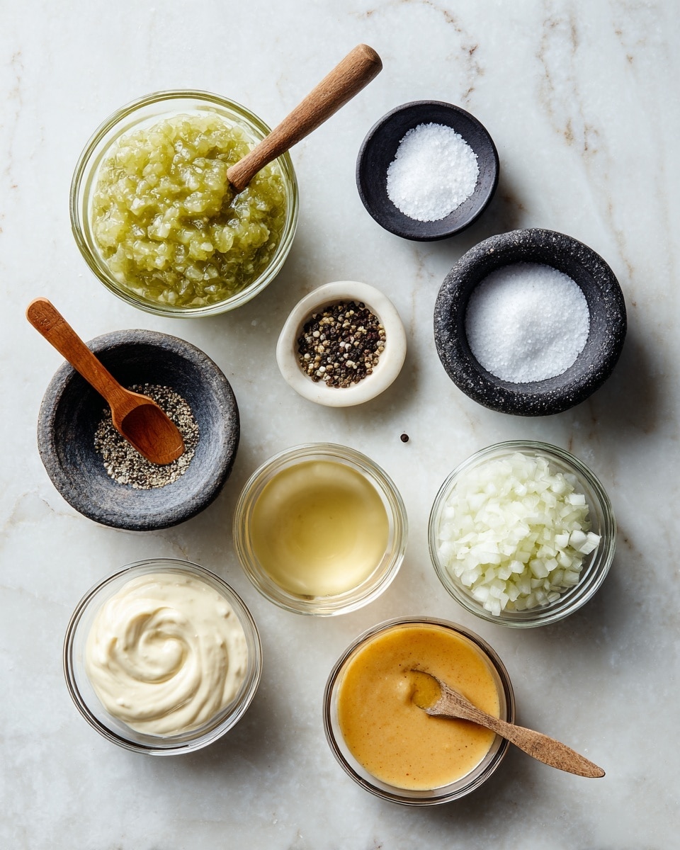 The image shows eight small bowls arranged on a white marbled surface, each holding a different ingredient with labels. Starting from the top left, there is a clear glass bowl with green chunky sweet pickle relish. To the top right, a small black bowl contains fine white granulated sugar with a wooden spoon resting on it. Below the relish, a dark stone bowl holds coarse black pepper with a small wooden scoop. Next to it on the right, a white bowl has coarse salt with a tiny wooden scoop as well. In the middle, a clear glass bowl contains light yellow apple cider vinegar. To its right, another clear glass bowl is filled with finely chopped white onion. At the bottom left, a white bowl holds creamy, pale yellow mayonnaise. Lastly, at the bottom right, a clear glass bowl holds smooth, orange French salad dressing. All bowls are placed on the white marbled texture background. Photo taken with an iphone --ar 4:5 --v 7