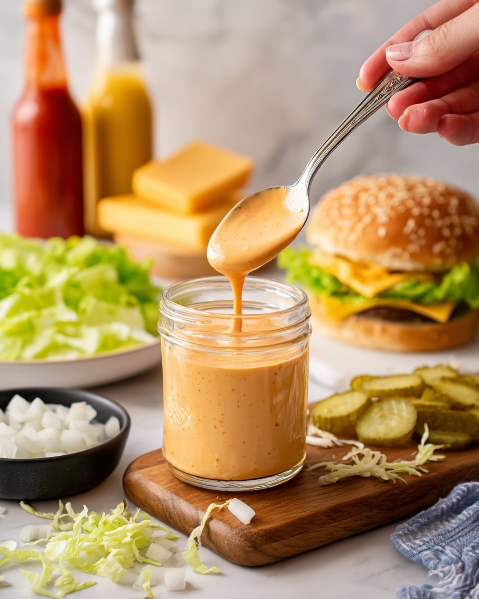 A clear glass jar filled with creamy, light orange sauce with small darker specks inside sits on a white marbled surface. A woman’s hand is holding a silver spoon above the jar, with the sauce dripping smoothly from it. Around the jar, there are scattered shredded green lettuce, round pickle slices on a white plate, and some diced white onions in a small black bowl on a wooden board. Behind the jar, there are two sesame seed hamburger buns, a block and slice of yellow cheese, some yellow fries, and blurred bottles of yellow and red sauces. Photo taken with an iphone --ar 4:5 --v 7