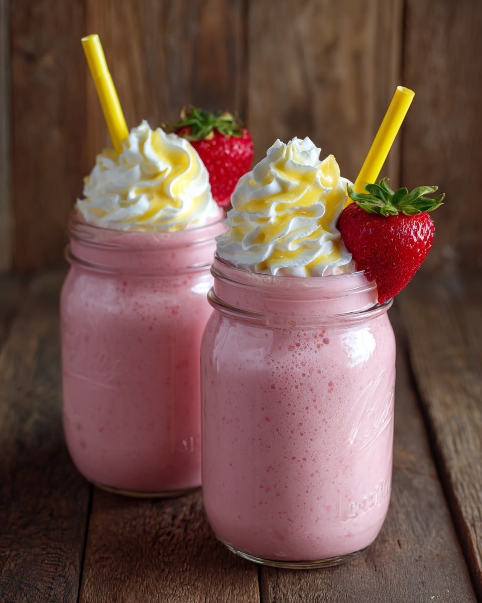 Two clear glass jars filled with smooth pink strawberry smoothies, each topped with a swirl of white whipped cream and a bright red whole strawberry with green leaves resting on the rim; a yellow bendy straw is placed diagonally in each jar, which sit on a dark wooden surface with a rustic wooden background. photo taken with an iphone --ar 4:5 --v 7