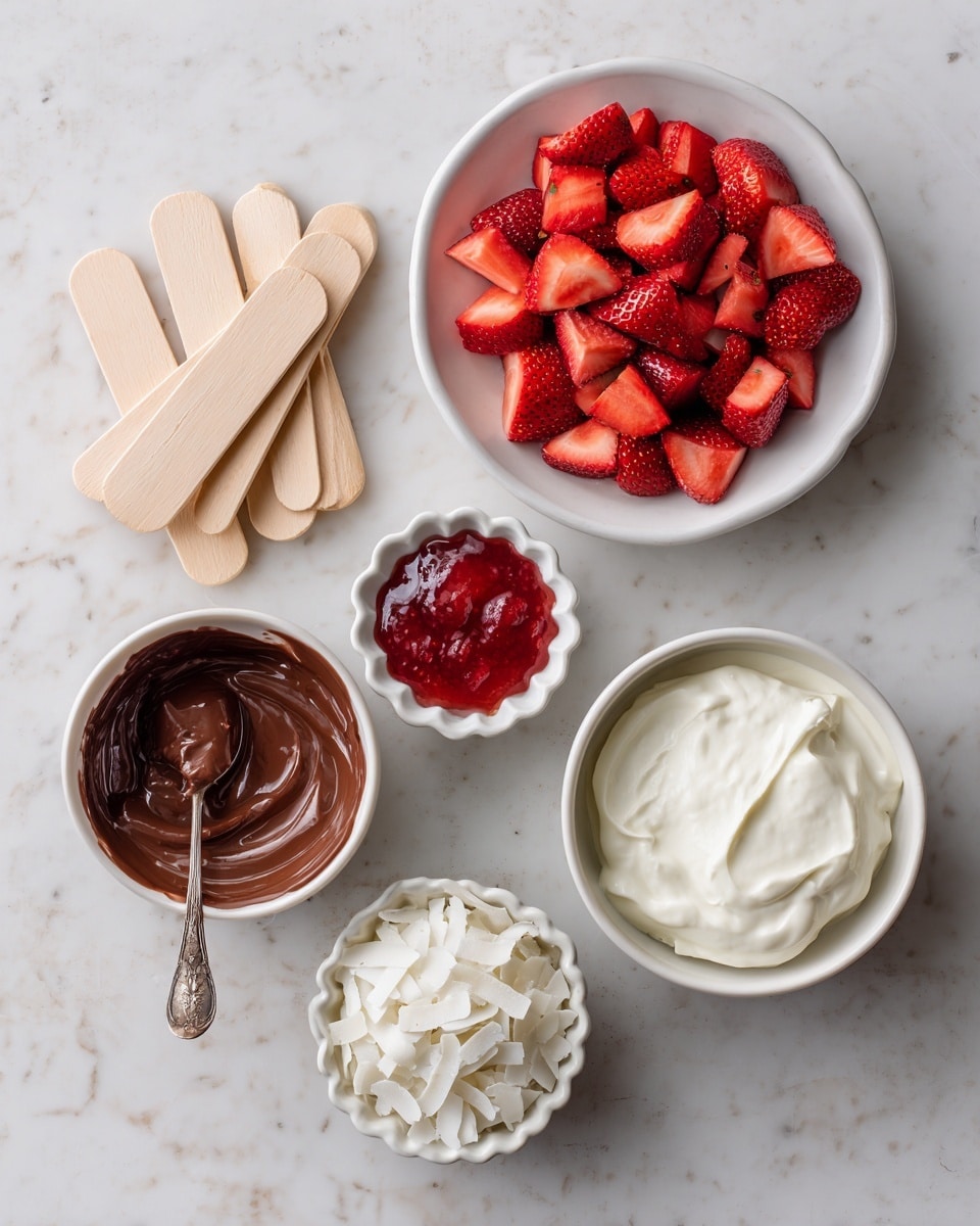 The image shows six items on a white marbled surface arranged in a casual layout. At the top is a white round plate filled with small pieces of red strawberries. To the right of the plate is a white bowl full of smooth white plant-based yogurt with a soft texture. Below it, there is a small white bowl containing white coconut flakes with a dry and flaky texture. In the center, there is a small white scalloped bowl filled with shiny red strawberry jam. To the left of it is a small white bowl with thick melted chocolate and a spoon resting inside, showing a rich dark brown color. On the far left are four wooden popsicle sticks stacked neatly. The photo taken with an iphone --ar 4:5 --v 7