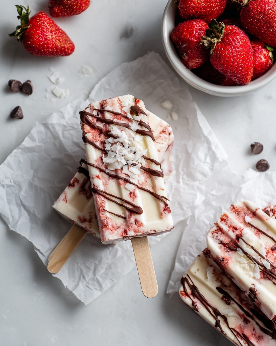 The image shows two popsicles with wooden sticks, layered with a pink and white creamy texture as the base. Both popsicles have dark brown chocolate drizzles on top, creating thin lines across their surfaces. White flakes are scattered over the chocolate drizzle, adding texture contrast. The scene includes several chocolate chips arranged around the popsicles on a crumpled white paper with a white marbled texture underneath. There is also a white bowl filled with white flakes in the upper right corner, and a white plate partially visible at the bottom. Photo taken with an iphone --ar 4:5 --v 7