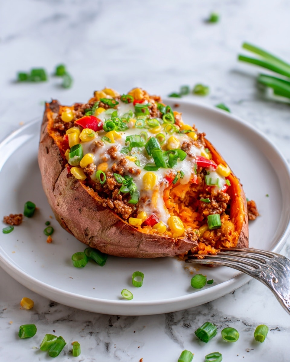 Two baked sweet potatoes sit on a white marbled surface. Each potato is sliced open down the middle, showing a bright orange soft inside. The filling has three main layers: at the bottom, dark brown ground meat mixed with small pieces of red bell pepper; on top of the meat, melted white cheese stretches softly over the layer; the top layer has yellow corn kernels and is garnished with chopped green onions and fresh green herbs scattered on and around the potatoes. The potato skins look crispy and brown with natural spots and texture. Photo taken with an iphone --ar 4:5 --v 7