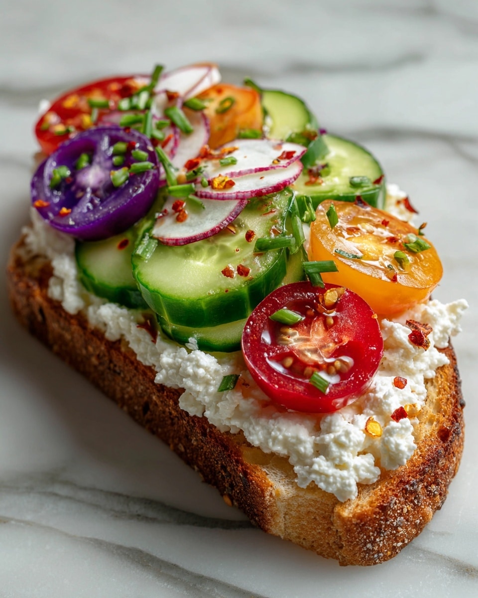 A piece of toasted bread with a golden brown, slightly crispy texture forms the base layer. On top is a thick layer of white cottage cheese spread unevenly, creating a soft, creamy texture. The next layer has thin green cucumber slices arranged in a line, partially overlapping each other. Above the cucumbers, there are round slices of purple-skinned tomatoes with red and orange hues inside, some with drops of red chili oil and crushed chili flakes scattered on them. Thin slices of white and purple radish and small green onion pieces are sprinkled on top. The dish sits on a white marbled surface that contrasts with the vibrant colors of the food. Photo taken with an iphone --ar 4:5 --v 7
