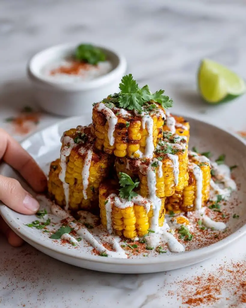 Air Fryer Street Corn Ribs with Cotija, Crema, and Spicy Hot Sauce Recipe