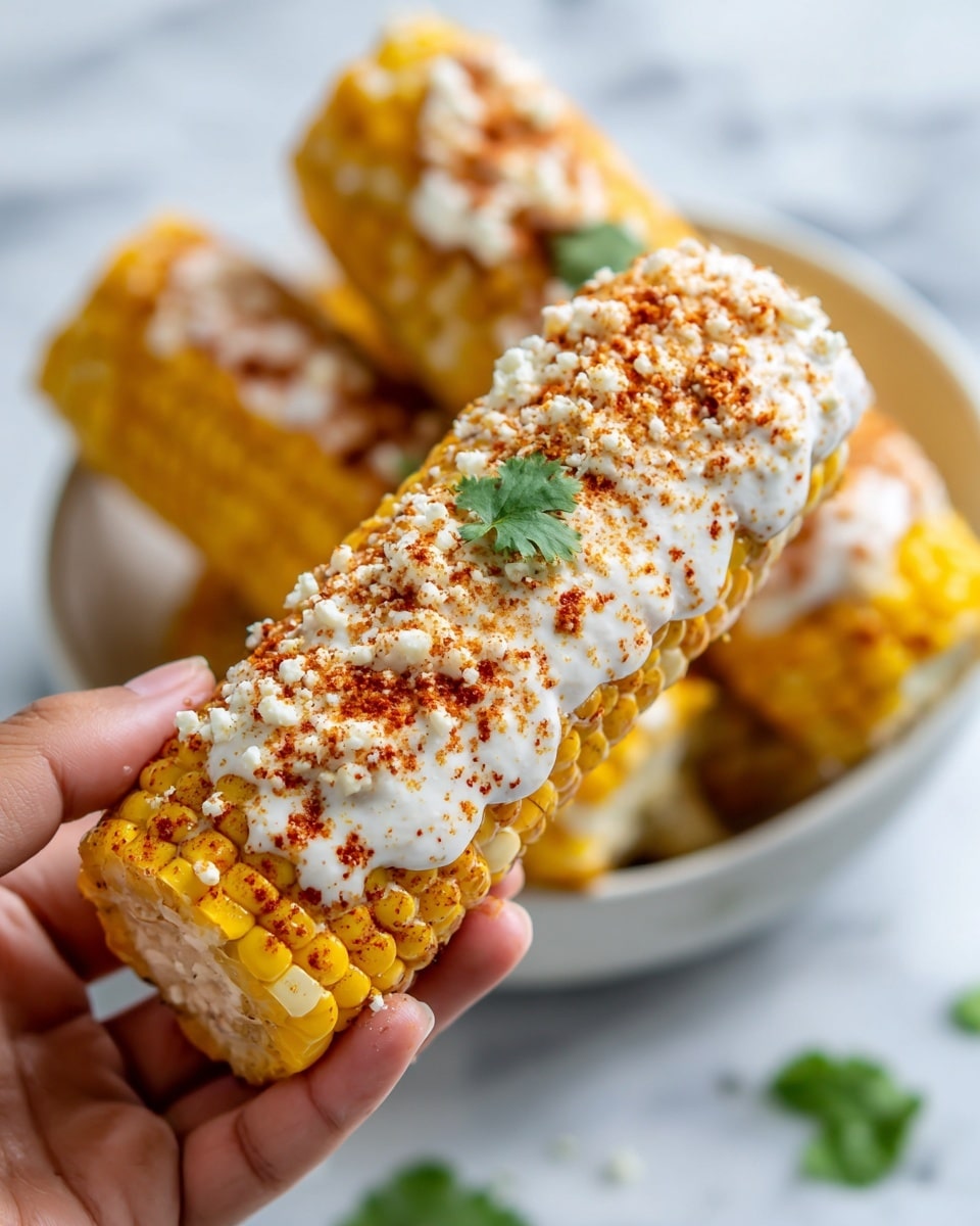 A close-up view of a yellow corn on the cob held by a woman's hand, covered in a layered topping. The first layer is a smooth white sauce spread evenly across the corn kernels. On top of this, there is a crumbly white cheese sprinkled generously in patches, followed by a dusting of reddish-orange chili powder scattered over the cheese and sauce. A small green cilantro leaf sits near the top as a garnish. In the soft-focus background, more corn cobs with similar toppings are piled in a white bowl on a white marbled surface. Photo taken with an iphone --ar 4:5 --v 7