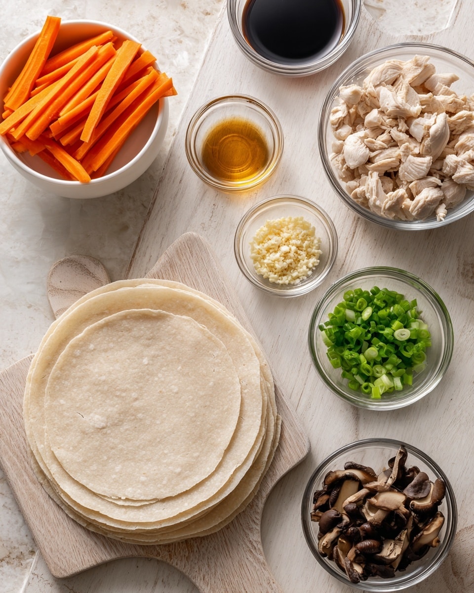 The image shows various ingredients neatly arranged on a light wooden surface with a white marbled texture background. At the bottom center, there is a stack of round rice paper sheets with a smooth, light beige color. To the left, a white bowl filled with orange carrot sticks is placed. Surrounding the rice paper sheets and carrot bowl are several small clear glass bowls containing different ingredients: chopped leftover cooked chicken with white and light brown hues on the upper right, dark brown less salt soy sauce at the top left, golden sesame oil at the top center, brown sugar below the soy sauce, white chopped garlic above the ginger, and finely chopped light yellow ginger below the garlic. On the bottom right is a white bowl filled with dark brown and beige shiitake mushroom pieces, while above it, another clear bowl contains bright green spring onion slices. The overall setting is bright and clean. Photo taken with an iphone --ar 4:5 --v 7