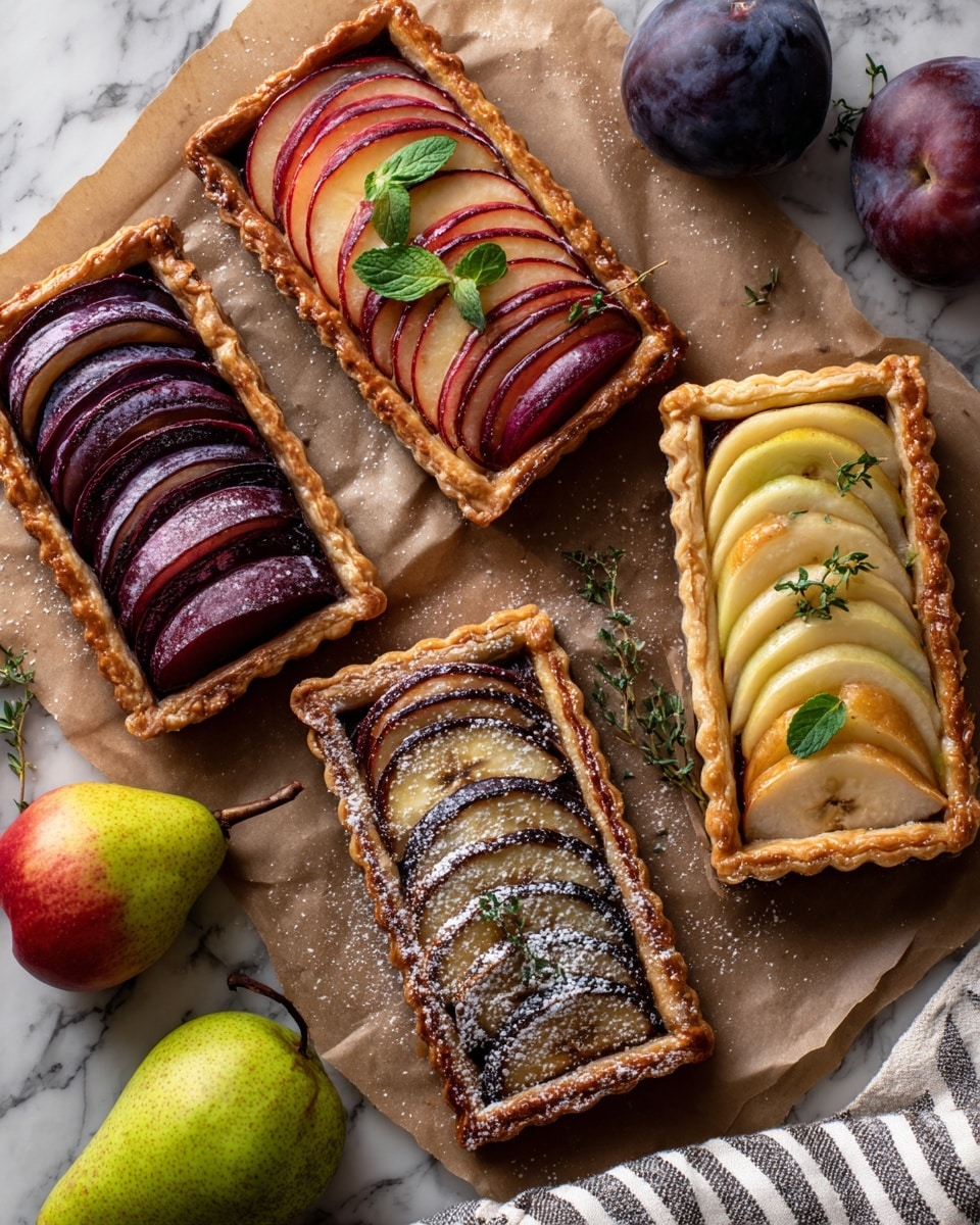 There are six rectangular fruit tarts on a piece of brown parchment paper over a white marbled surface. Each tart has a golden, flaky pastry base with slightly raised edges. Two tarts have thin slices of red and purple plums fanned in two layers, topped with small green mint leaves. Two tarts have slices of pale yellow pears laid out in neat rows, each garnished with a small sprig of thyme. One tart has banana slices arranged in two rows over a dark chocolate layer dusted with powdered sugar. Another tart has banana slices with a similar chocolate base but no powdered sugar. On the marble surface, there is one whole green pear with a red side and one whole purple plum next to a white and gray striped cloth. photo taken with an iphone --ar 4:5 --v 7