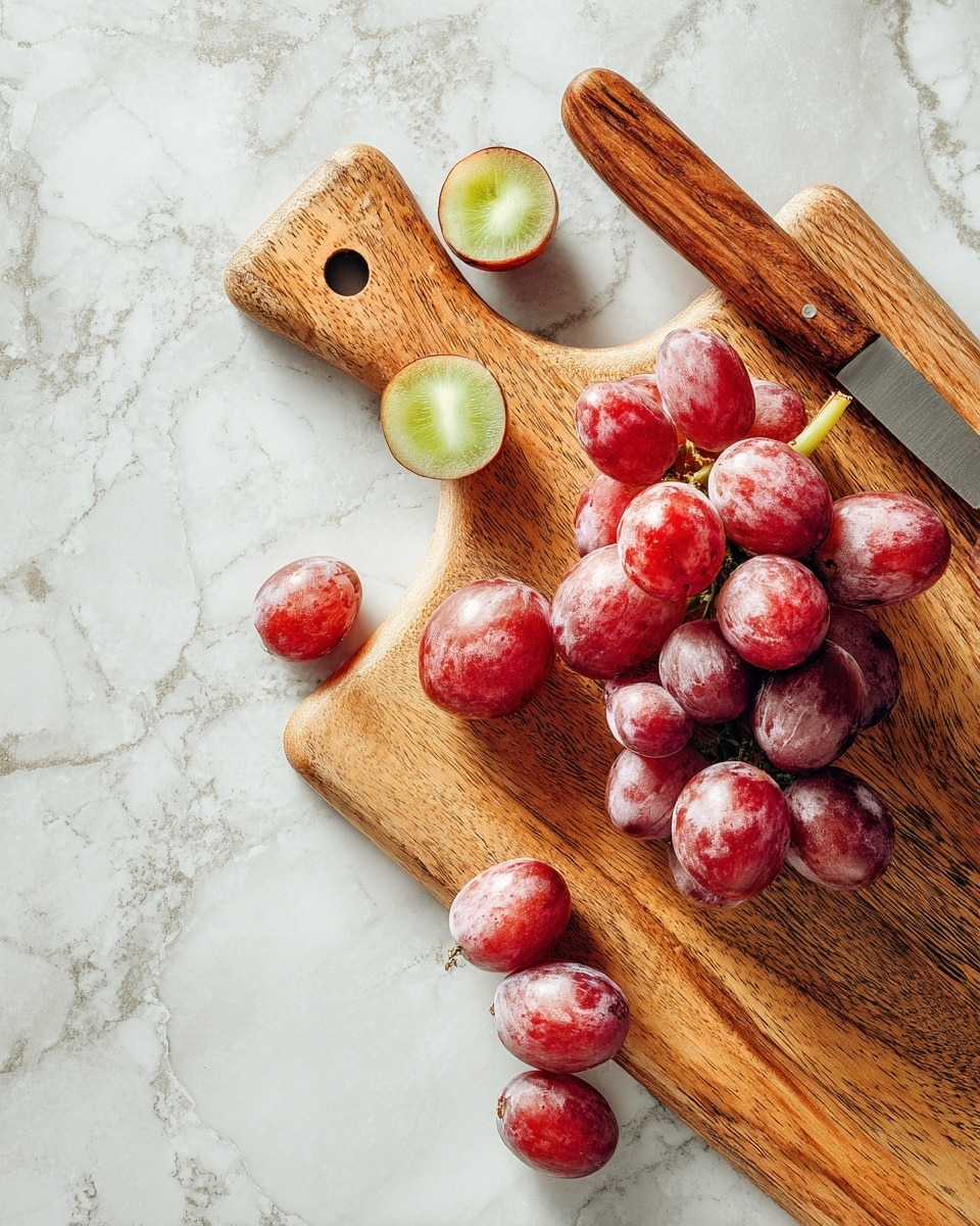 The image shows a wooden board with a knife resting on it and a bunch of red grapes, some whole and some sliced in half revealing their light green insides. The knife is placed diagonally on the top right of the board. The grapes have a smooth, shiny surface, and the wooden board has a natural grain texture. The background is a white marbled surface. photo taken with an iphone --ar 4:5 --v 7
