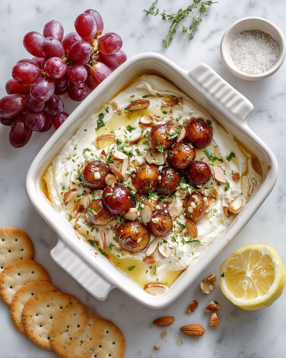 The image shows a square white dish with a handle, filled with a creamy white spread as the base layer. On top of this layer, there are golden brown roasted grapes placed to one side, and chopped almonds scattered around. There are also small pieces of green fresh herbs sprinkled over the cream. A light honey drizzle adds a shiny texture across the dish. Around the dish, there is a cluster of red grapes on the white marbled surface to the top left, two round crackers to the bottom left, a white bowl with salt near the top right, and half of a lemon with a visible seed on the right side. photo taken with an iphone --ar 4:5 --v 7