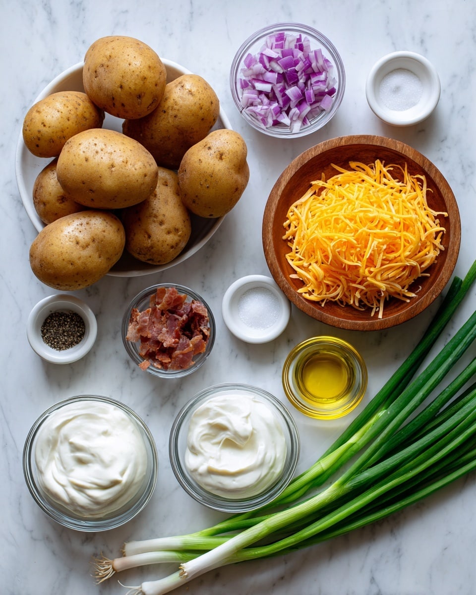 A flat lay image shows several clear and white bowls arranged on a white marbled surface. The largest clear bowl in the bottom left holds 6-8 russet potatoes with a coarse, earthy brown skin. Above it, a small white bowl contains rough chopped purple and white red onion pieces. To the right, a wooden bowl is full of bright orange shredded cheddar cheese. Below the cheese, a small glass bowl holds small pieces of cooked brown bacon. Nearby, a clear bowl carries a smooth white creamy mayo, and another clear bowl shows thick white sour cream. A small white bowl contains golden yellow olive oil. There are also whole green onions with long green leaves and hollow stalks fanned out diagonally across the center. Two small white bowls hold salt and black pepper. The image is bright and clean with natural colors, photo taken with an iphone --ar 4:5 --v 7