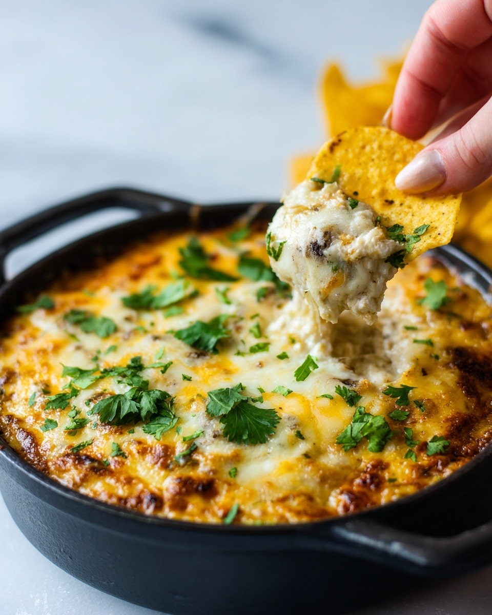 A close-up of a black baking dish filled with a cheesy dip, showing two melted cheese layers – one golden yellow cheddar and the other white mozzarella, melted evenly on top. The dip beneath has a creamy, light beige texture with small dark bits visible under the cheese. On top of the cheese, a few bright green cilantro leaves add fresh color. A woman's hand is lifting a single yellow corn chip from the edge of the dish. The background surface is white marbled texture photo taken with an iphone --ar 4:5 --v 7