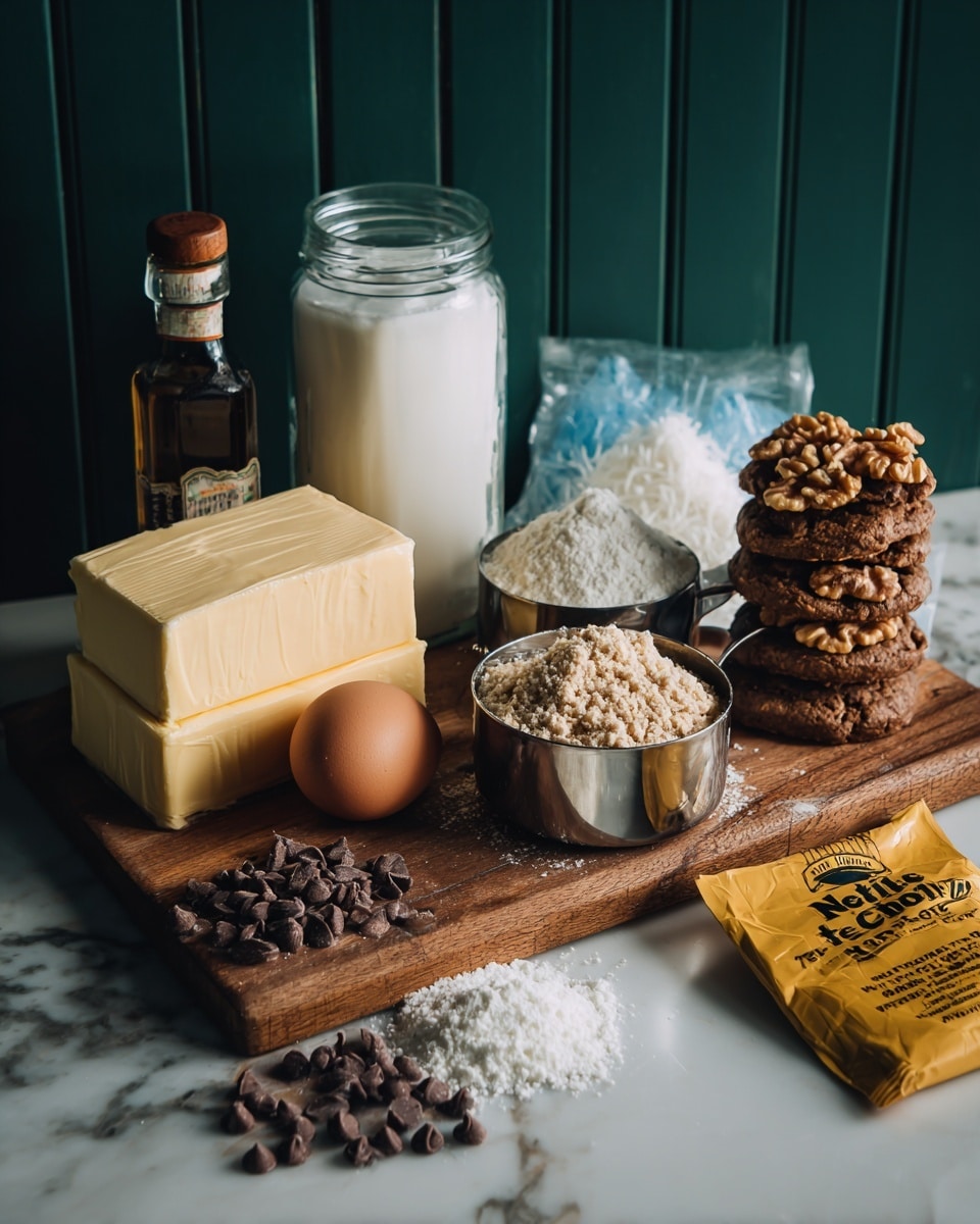 A wooden board on a white marbled surface holds several baking ingredients arranged in layers. At the back, there is a clear glass jar, a white bag of powdered sugar, and a blue bag of shredded coconut positioned side by side. In front of them, a bottle of pure vanilla extract stands next to a bag of chopped walnuts on the left. Toward the front, there are two sticks of yellow butter stacked on the left, a single brown egg placed beside them, and a metal measuring cup filled with a light brown crumbly ingredient with some spilled crumbs in front. On the right side in front, there is a yellow bag of Nestle Toll House chocolate chips. The background features vertical dark green panels. The photo taken with an iphone --ar 4:5 --v 7