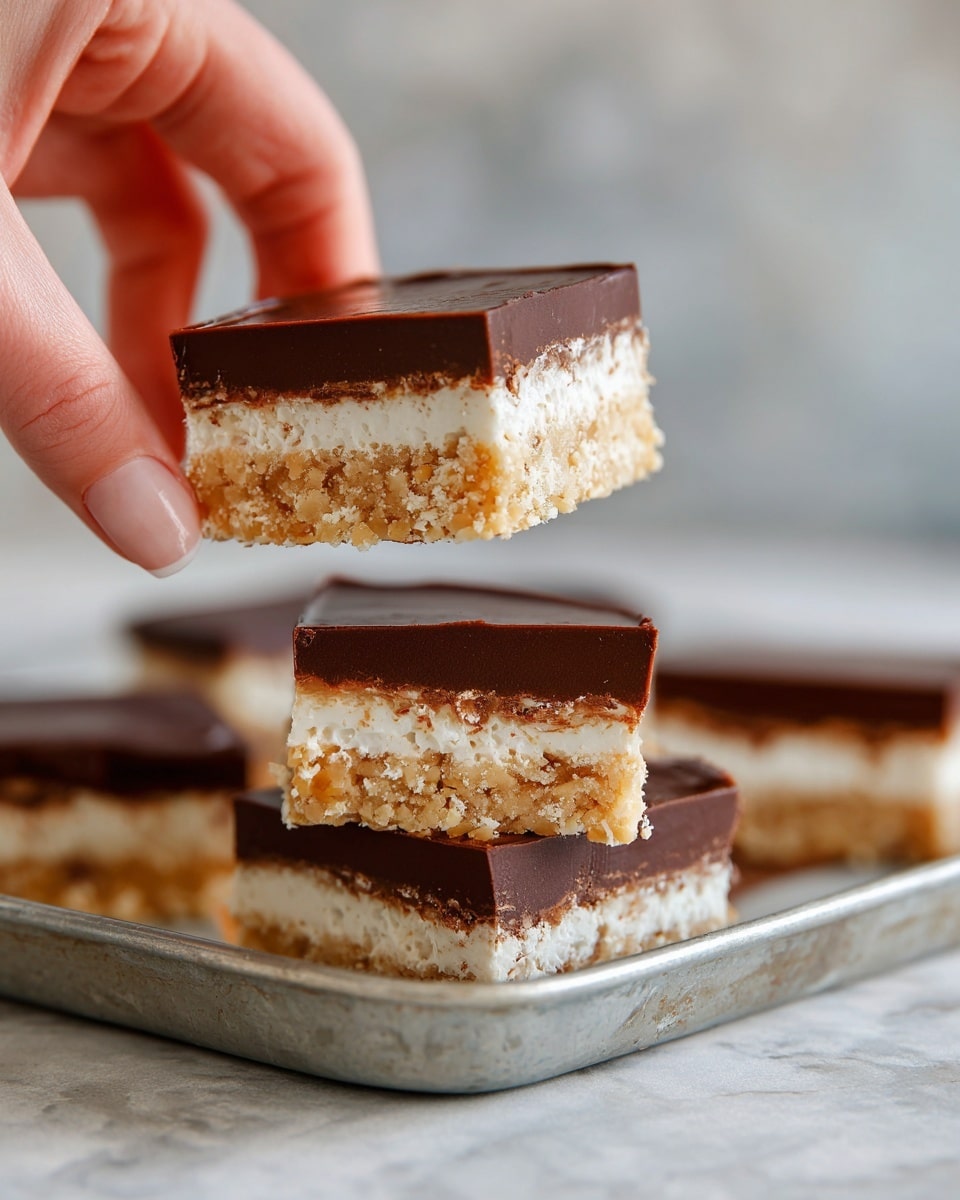 The image shows a square bar held by a woman's hand, with three clear layers. The bottom layer is crumbly and golden, with a rough texture that looks like it contains small pieces of nuts. The middle layer is smooth and white, thin but even. The top layer is thick and dark brown with a shiny, smooth surface that looks like chocolate. The bar is lifted above a metal tray filled with similar square pieces, all covered in the same glossy dark brown top layer. The background is a white marbled texture. Photo taken with an iphone --ar 4:5 --v 7