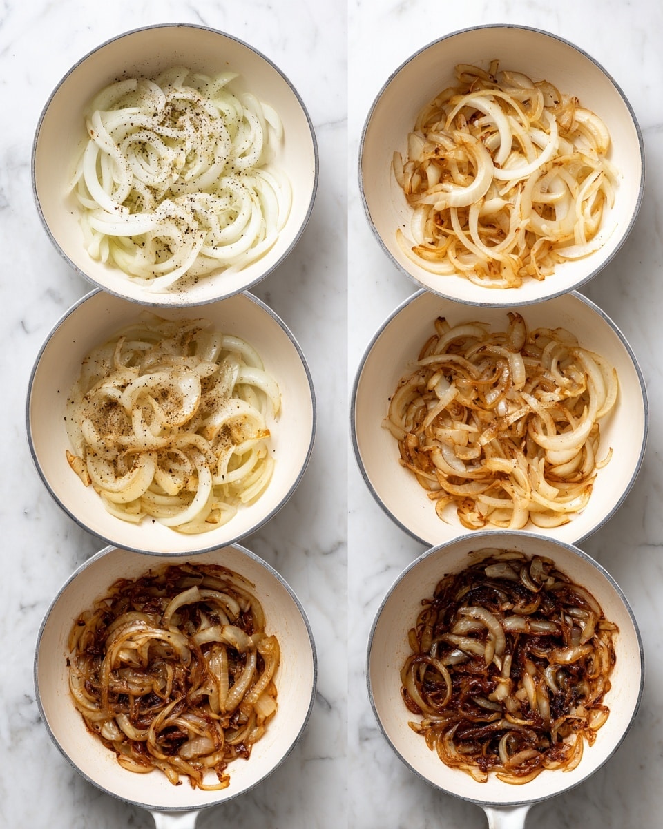 The image shows six steps of cooking onions in a round white pot on a white marbled surface. The first layer has raw white onion rings sprinkled with black pepper. The second layer shows the onion rings starting to soften, turning translucent and pale yellow. The third layer has onions lightly browned with a few golden edges. The fourth layer shows the onions turning darker golden brown and more wilted. The fifth layer has onions deeply brown and caramelized with some darker spots. The sixth layer shows the onions fully cooked, dark golden-brown, and caramelized with a slightly crispy texture. Photo taken with an iphone --ar 4:5 --v 7