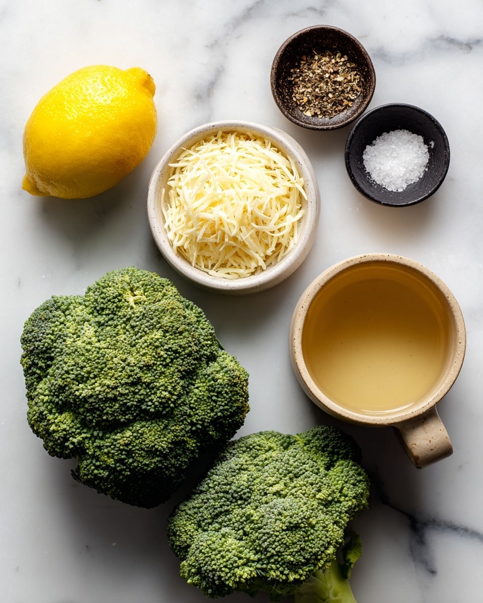 The image shows fresh ingredients arranged on a white marbled surface, including two bright green broccoli heads at the bottom, a whole yellow lemon at the top left, a small white bowl filled with shredded pale yellow cheese in the center, a small black bowl containing mixed white and black spices along with salt at the top right, and a beige cup holding a light golden liquid on the right side. photo taken with an iphone --ar 4:5 --v 7