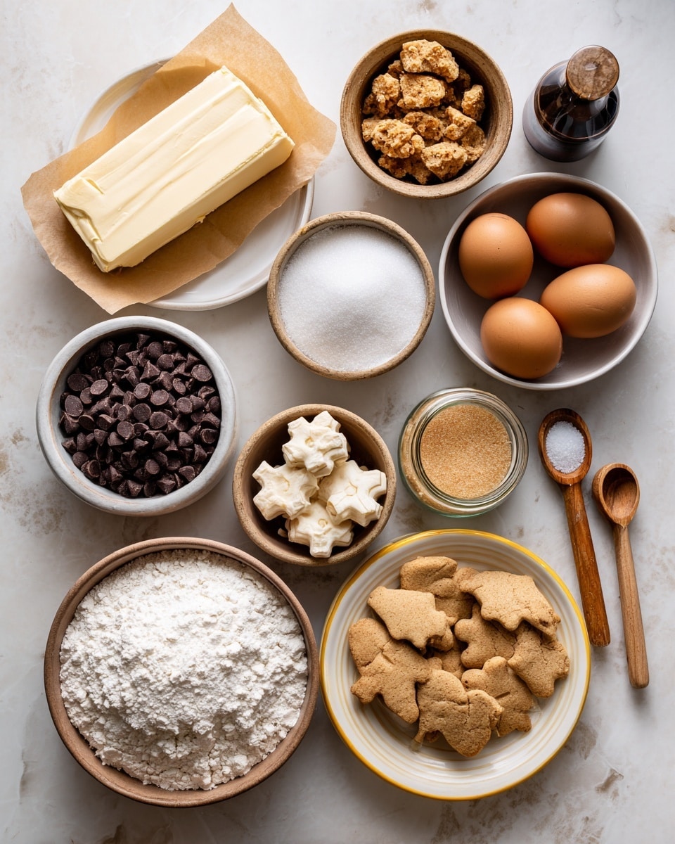 A top-down view shows nine bowls and containers of baking ingredients laid out on a white marbled surface. Starting from the top left, a small white plate holds one large block of butter on brown parchment paper. Next to it, a small light brown wooden bowl filled with crunchy chunks sits above a small darker brown bowl holding white salt. To the right, a white bowl contains three brown eggs. Below, a larger white bowl full of dark chocolate chips stands next to a clear glass jar filled with light brown sugar and a wooden spoon resting in it. Below the jar, a medium light brown ceramic bowl is filled with animal-shaped cookies, with a few scattered outside it. At the bottom left, a larger light brown bowl holds white flour with a wooden spoon in it. Next to that, a yellow-rimmed white plate contains white granulated sugar. Two wooden measuring spoons with metal heads lie near the bowls, and a small dark glass bottle with a black cap sits alongside them. The light is soft and even, highlighting the textures and natural colors of the ingredients. Photo taken with an iphone --ar 4:5 --v 7