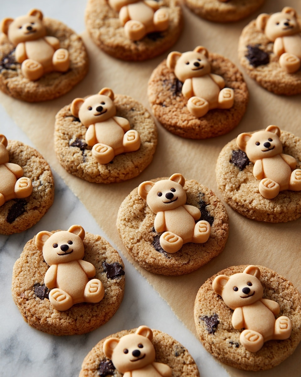 The image shows multiple round cookies with a light brown color and a crumbly texture, each embedded with dark chocolate chips and small caramel bits. On top of each cookie is a cute, small teddy bear-shaped biscuit that is a slightly lighter brown and smoothly textured, sitting flat and centered on the cookie. The cookies are arranged in neat rows on a light tan parchment paper, placed over a white marbled surface. The teddy bear biscuits add a playful and detailed touch to the soft-looking cookies photo taken with an iphone --ar 4:5 --v 7