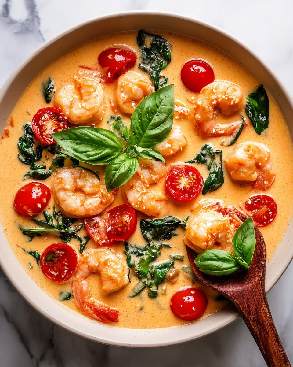This image shows a close-up of a creamy shrimp dish with about three layers of food items. The base layer is a light orange creamy sauce with a smooth texture. On top of it are medium-sized shrimp, cooked to a pale orange with white flesh and arranged evenly. Scattered around the shrimp are bright red cherry tomatoes, some whole and some split, adding a pop of color. Interspersed between the shrimp and tomatoes are dark green, wilted spinach leaves, blended in the sauce. Fresh, bright green basil leaves are placed on top for garnish, adding a fresh look. A wooden spoon partly holds one shrimp and some spinach on the right side of the image. The background features a white marbled texture. photo taken with an iphone --ar 4:5 --v 7