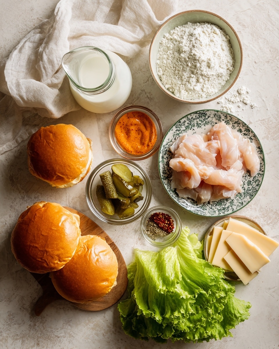 A top view of ingredients arranged on a wooden surface with a white marbled texture background. There is one white bowl filled with white flour near the top right. A patterned white plate holds raw pale pink pieces of chicken on the right side. Three golden brown brioche buns are stacked on the bottom left. Two small glass bowls near the center contain reddish-orange sriracha aioli and green crispy dill pickles. A small glass bowl with mixed red and black spices is also visible. Bright green lettuce leaves spread across the bottom right, next to pale slices of pepper jack cheese. A clear jug filled with white buttermilk sits near the top middle. A white cloth is draped casually on the top left side. photo taken with an iphone --ar 4:5 --v 7