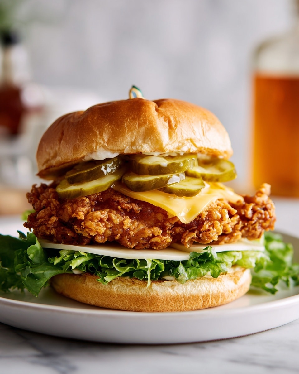 A fried chicken sandwich with four visible layers sits on a white plate on a white marbled surface. The bottom layer is light tan sandwich bun, topped with bright green leafy lettuce. Above the lettuce is a thin white slice of cheese. The large fried chicken layer is golden brown and crispy, covering the sandwich well. On top of the chicken are several greenish pickle slices. The sandwich is finished with a smooth, light tan sandwich bun on top. A small blue and white toothpick holds the sandwich together. In the background, there is a blurred bottle of honey. photo taken with an iphone --ar 4:5 --v 7