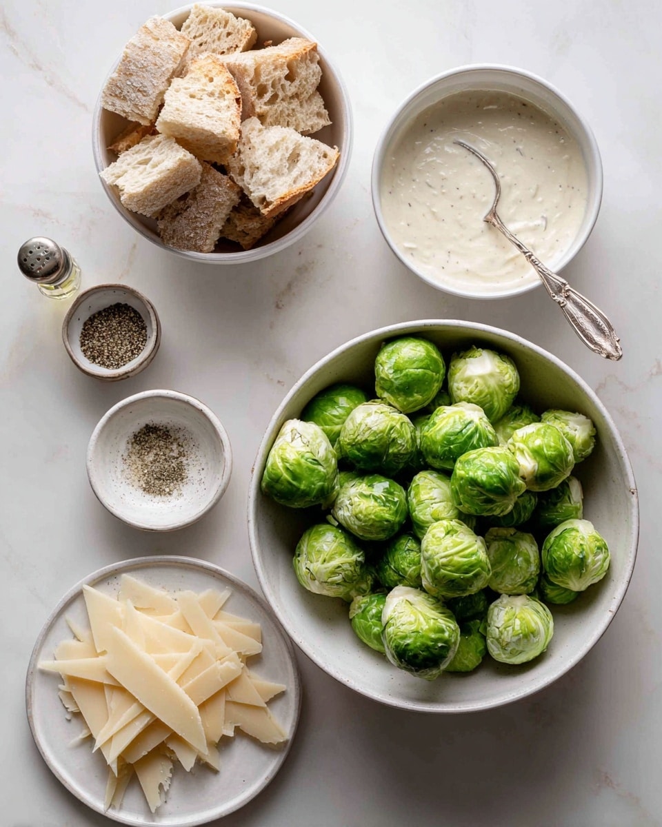 A flat lay of ingredients on a white marbled surface including a large white bowl filled with bright green brussel sprouts on the bottom right, above it a smaller white bowl containing creamy white Caesar salad dressing with a silver spoon inside, to the left a white bowl with light brown crumbled artisan bread, below that a small white dish with ground black pepper, and at the bottom left a small white plate scattered with thin, pale yellow Parmigiano Reggiano cheese slices, with a small dark bottle of truffle oil placed near the top left. photo taken with an iphone --ar 4:5 --v 7