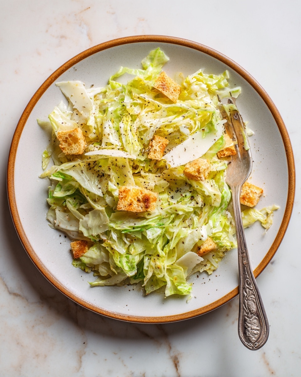 A white plate with a brown edge holds a salad made of thin shredded light green cabbage mixed with irregular crispy golden-brown pieces scattered throughout. There are also a few off-white thin cheese slices layered on top. The salad appears lightly coated with a creamy dressing and is sprinkled with small bits of black pepper. A vintage silver fork rests on the right side of the plate, partially under the salad. The plate sits on a white marbled surface with a soft natural light showing texture details photo taken with an iphone --ar 4:5 --v 7