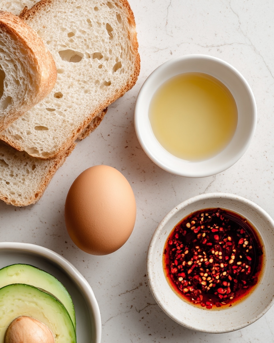 A light beige slice of bread with small holes is placed on a white marbled surface top left. Below it to the left is a brown egg with a smooth shell. To the upper right of the egg is a small white bowl filled halfway with a pale yellow oil. Below the oil bowl is a round white bowl holding a dark red chili crunch sauce with visible chili flakes. At the bottom left corner is a halved avocado showing its light green flesh and pit hole. photo taken with an iphone --ar 4:5 --v 7