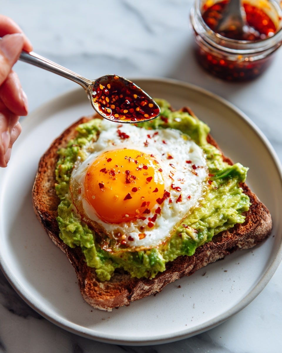 A single slice of toasted brown bread sits on a white plate with a white marbled surface underneath. The bread is topped with a rough layer of mashed green avocado, spreading across the whole slice. On top is a sunny-side-up egg with a bright orange yolk in the center and white edges slightly browned at the rim. A spoon covered in dark red chili oil with seeds is held by a woman's hand near the lower edge to drizzle the spicy sauce over the egg, adding glistening red patches and texture. A jar of the chili oil is placed near the top right corner of the image. Photo taken with an iphone --ar 4:5 --v 7