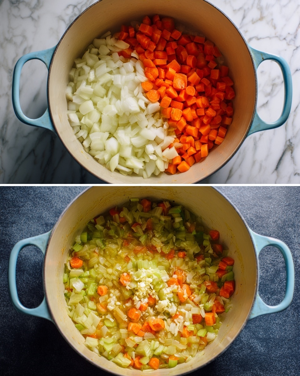 The image shows two photos stacked vertically of a light blue pot with a white inside placed on a dark surface with a white marbled texture. In the top photo, there are three raw, chopped vegetable layers inside the pot: white onions on the left, orange carrots on the top right, and light green celery on the bottom right, all sitting in a layer of oil. In the bottom photo, the same pot contains a cooked mix of diced onions, carrots, and celery, with some added chopped garlic in the center, all softened and mixed together, creating a blend of light yellow, orange, and green colors. The background is the same white marbled texture. photo taken with an iphone --ar 4:5 --v 7