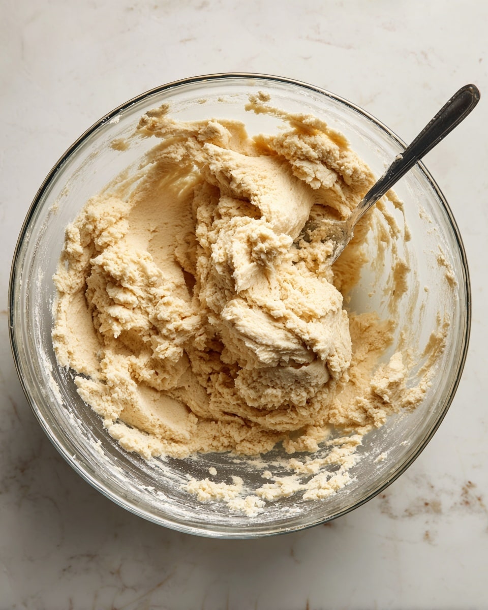 A close-up view of thick, creamy dough inside a clear glass mixing bowl with traces of dough spread around the sides. The dough is light beige in color with a soft, smooth and slightly fluffy texture. A metal spoon partially covered in dough is dipping into the mixture on the right side of the bowl. The bowl is placed on a white marbled surface. Photo taken with an iphone --ar 4:5 --v 7
