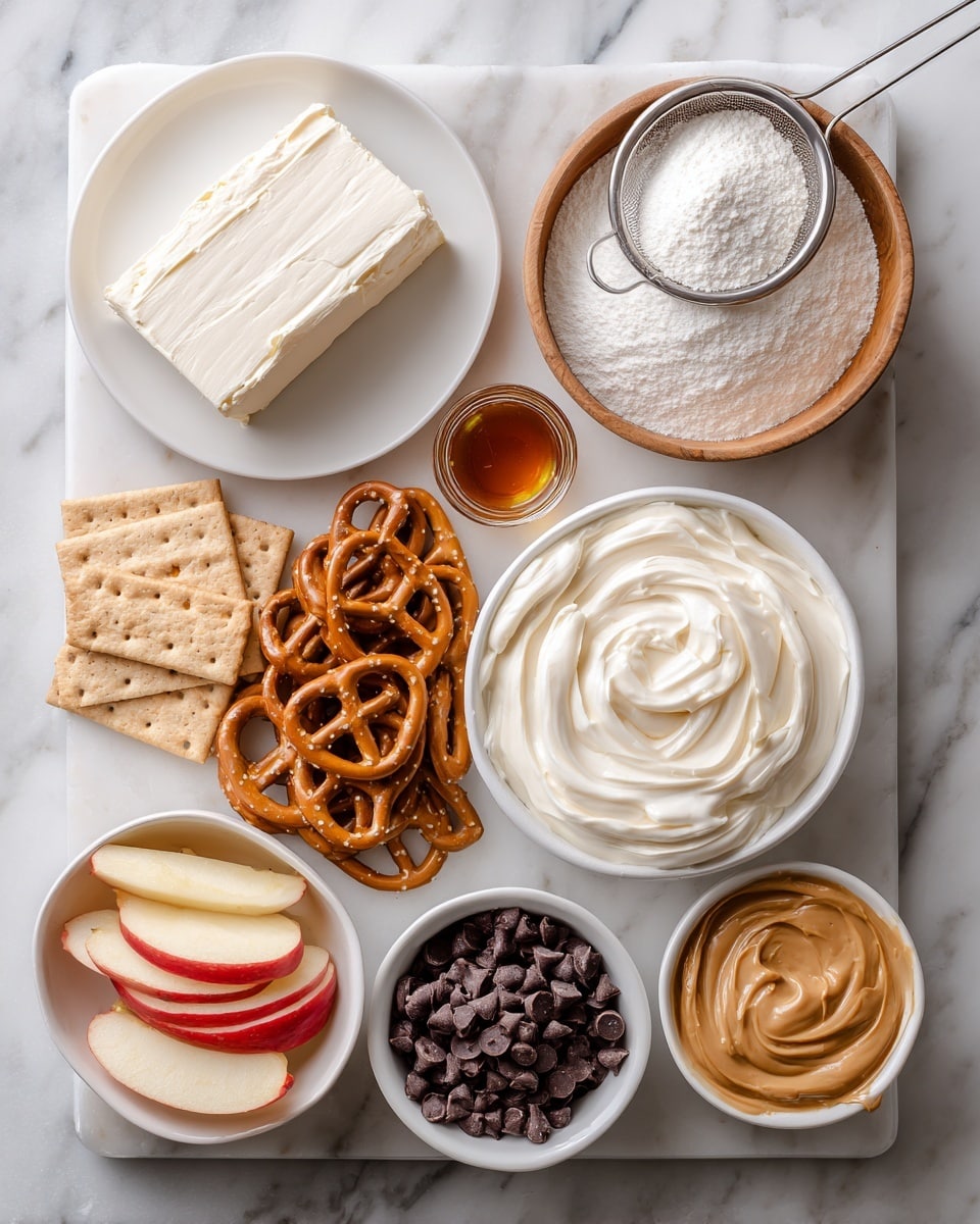 The image shows several ingredients arranged on a white marbled surface, each in its own white plate or bowl except for one wooden bowl. In the top left, a white plate holds a block of cream cheese, smooth and off-white. To its right, a wooden bowl is filled with powdered sugar, fine and white, with a small metal sieve resting on top. Below the cream cheese, an assortment of dippers including light brown graham crackers and shiny pretzels is placed directly on the marble. In the center, a white bowl contains a thick, creamy white layer of Cool Whip. To the right of the Cool Whip, there is a small white bowl filled with creamy peanut butter, light brown and swirled smoothly. Below the peanut butter, a white bowl holds mini chocolate chips, dark brown and shiny. Next to the chips, a tiny white dish contains amber-colored vanilla extract. On the bottom left, slices of red apple with bright white flesh sit in a white bowl. Each item is neatly labeled with bold black text. Photo taken with an iphone --ar 4:5 --v 7