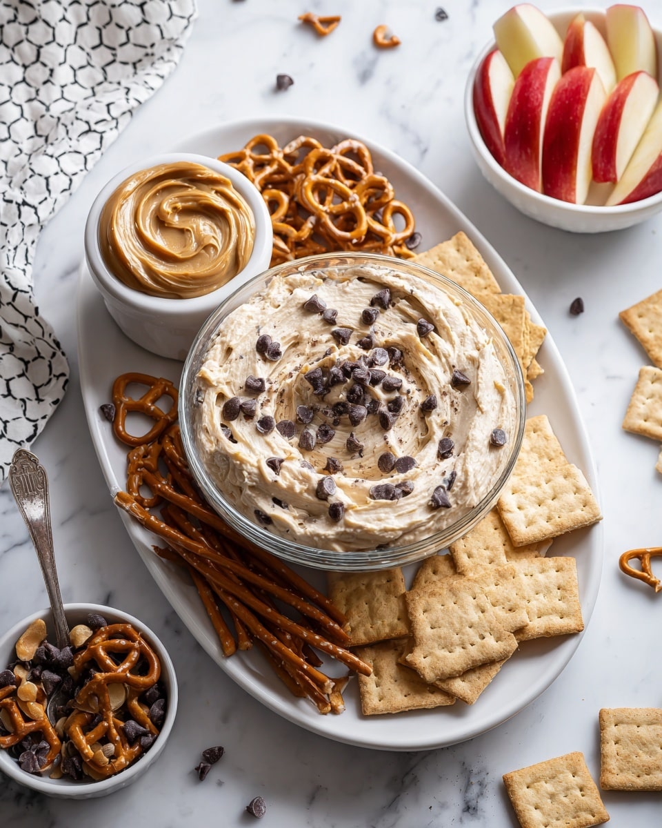 In the center of a clear glass bowl is a thick, creamy dip with a light beige color, dotted with small dark chocolate chips throughout, some sitting on top. This bowl sits on a large white oval plate that holds several square, light brown graham crackers placed around the bowl and some golden-brown pretzels spread around both sides. To the left of the plate is a small white bowl filled with smooth peanut butter with soft swirls on top, and scattered chocolate chips and broken graham crackers lie nearby on the white marbled surface. Behind the plate, there is a small white bowl full of more pretzels and a small white plate with red apple slices neatly arranged. Near the top left corner, a white cloth with a black hexagon pattern is partly visible. Photo taken with an iphone --ar 4:5 --v 7