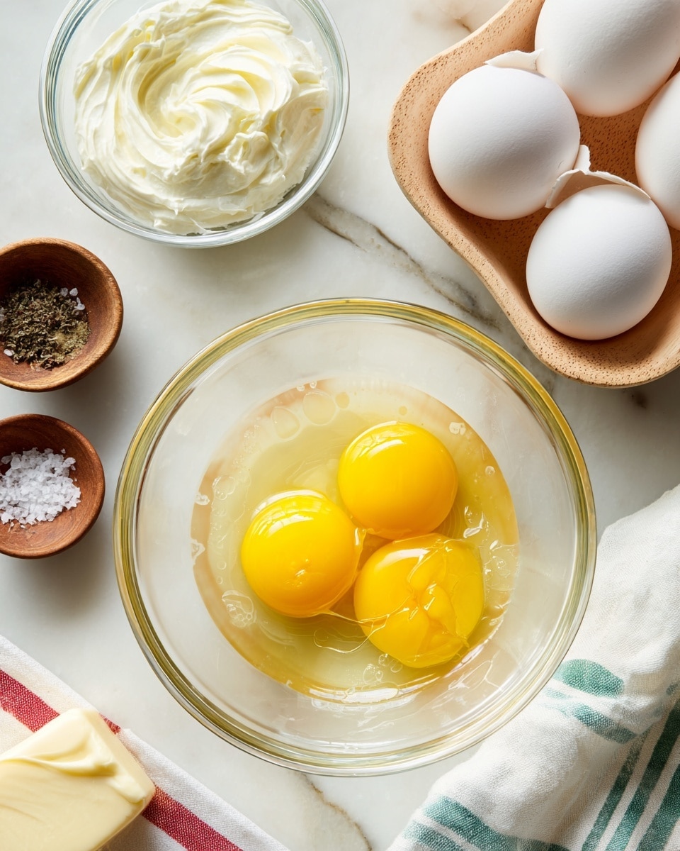 A clear glass bowl holds three raw egg yolks with their whites, showing a smooth, shiny yellow surface and a translucent light layer around them, placed on a white marbled surface. Above the bowl, there is a small clear glass bowl filled with white cream. To the right, there are five white eggs, some whole and some broken, resting in a light wooden egg holder. Below the main bowl, there are two small wooden bowls, one with black pepper and the other with salt. A wrapped stick of butter with red and white stripes is partly visible on the lower-left corner. A white cloth with green and blue lines is on the right side of the image. photo taken with an iphone --ar 4:5 --v 7