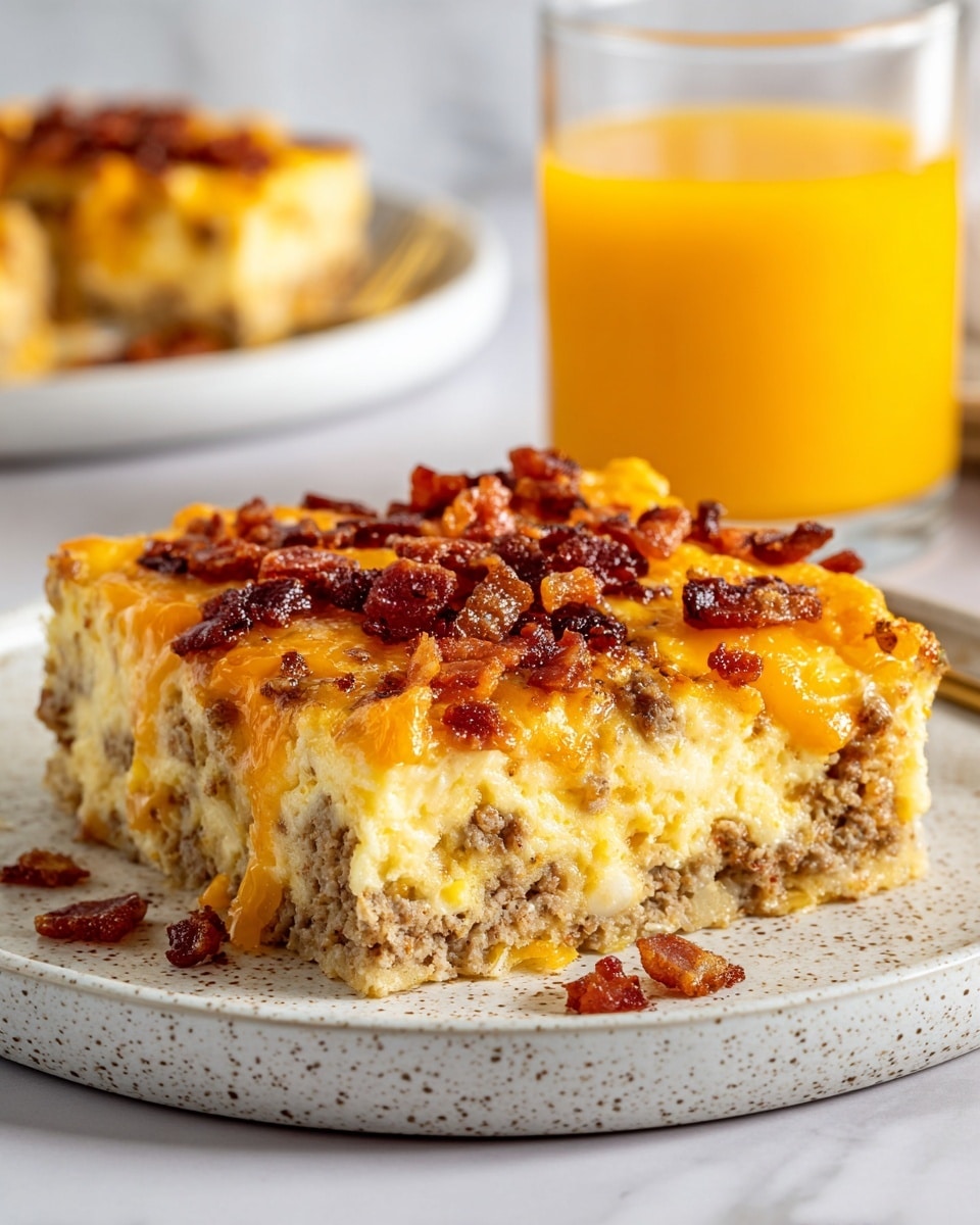 A square piece of breakfast casserole sits on a white plate with a white marbled surface underneath. The casserole has three main layers: a bottom layer of cooked sausage that is light brown and crumbly, a middle layer of creamy scrambled yellow eggs mixed with melted orange cheddar cheese, and a top layer of crispy brown bacon bits scattered unevenly. The texture looks soft and slightly chunky with melted cheese stretching between the layers. In the background, a tall glass of bright orange juice is slightly blurred with another plate of casserole visible out of focus. photo taken with an iphone --ar 4:5 --v 7