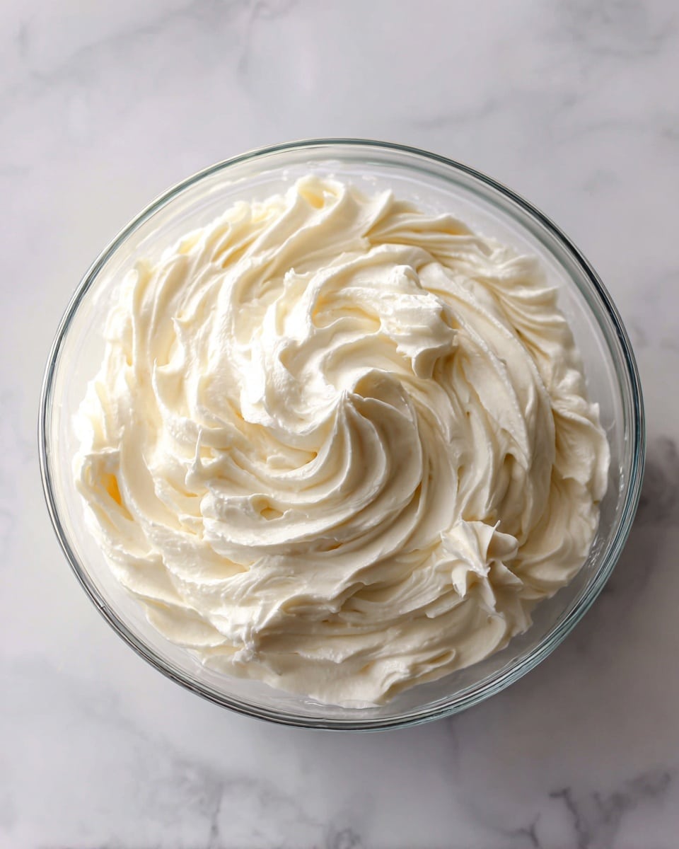 A clear glass bowl sits on a white marbled surface, filled with a single layer of thick, creamy white frosting swirled smoothly with soft peaks and gentle ridges across the surface. The frosting has a light, fluffy texture with visible swirls that show it was recently mixed. photo taken with an iphone --ar 4:5 --v 7